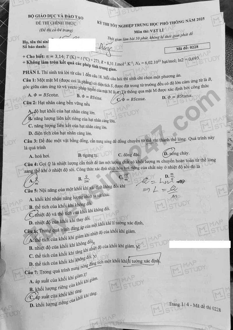 Dap an de thi tot nghiep THPT mon Ly 2025 - Ma de 0228