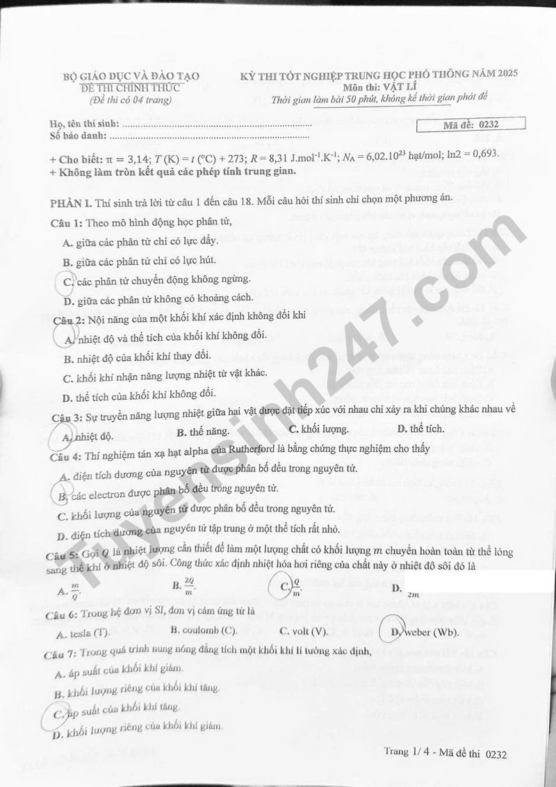 Dap an de thi tot nghiep THPT mon Ly nam 2025 - Ma de 0232