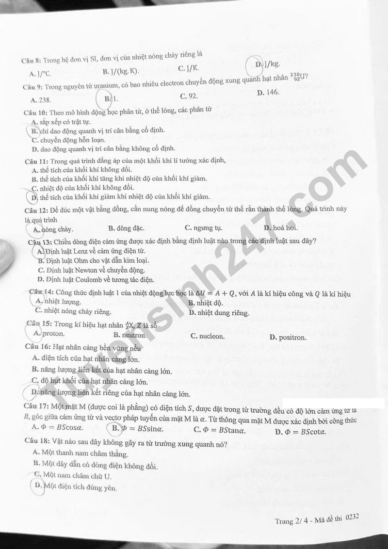 Dap an de thi tot nghiep THPT mon Ly nam 2025 - Ma de 0232