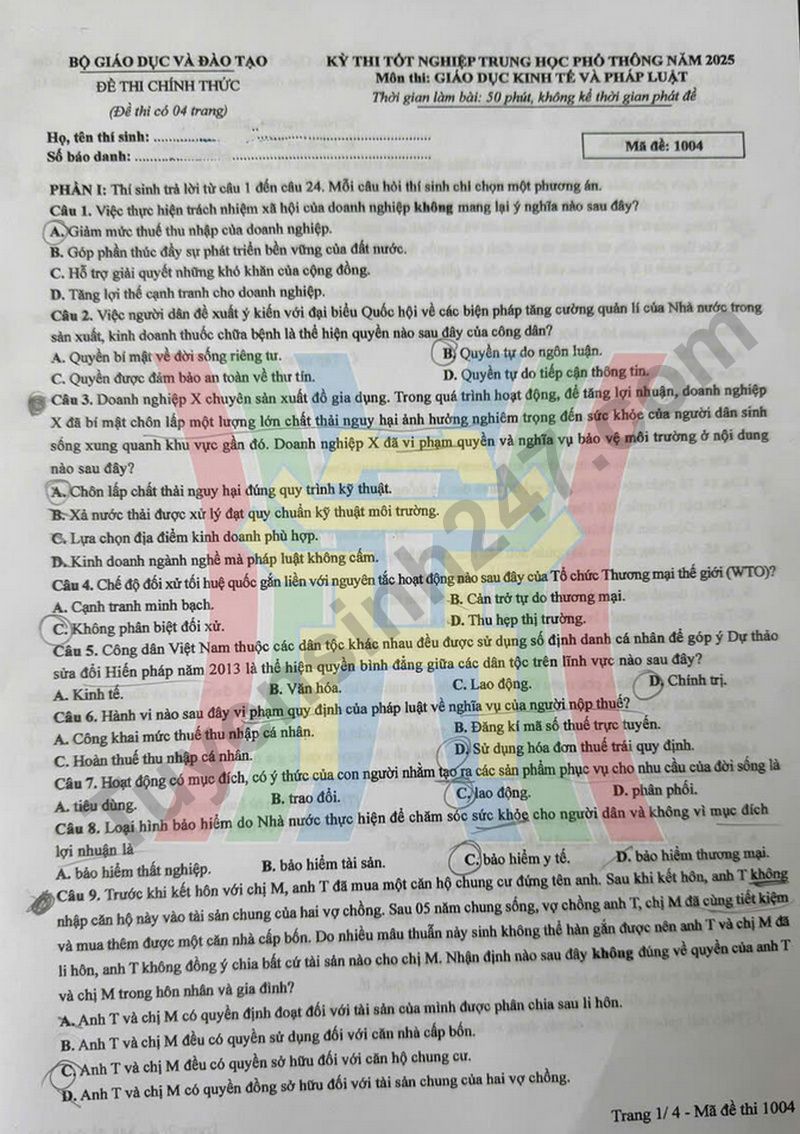 Dap an de thi mon GDKTPL tot nghiep THPT 2025 ma de 1004