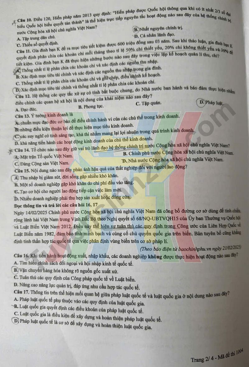Dap an de thi mon GDKTPL tot nghiep THPT 2025 ma de 1004