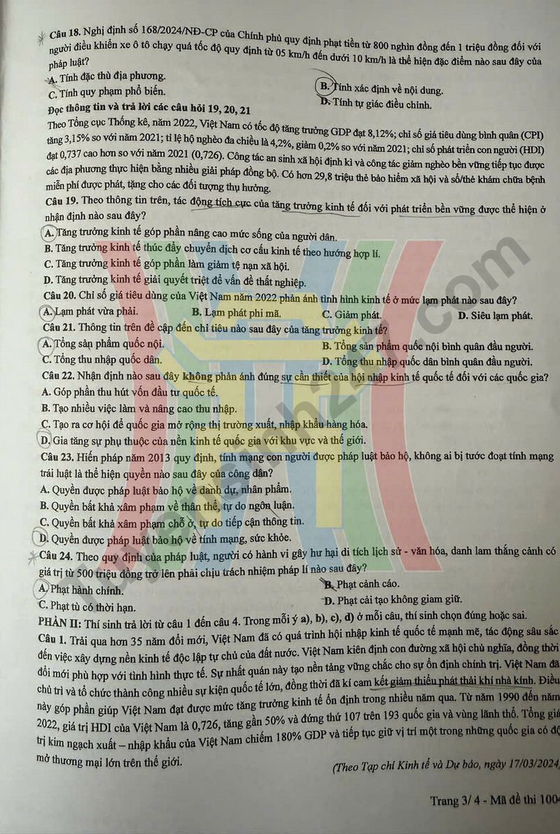 Dap an de thi mon GDKTPL tot nghiep THPT 2025 ma de 1004