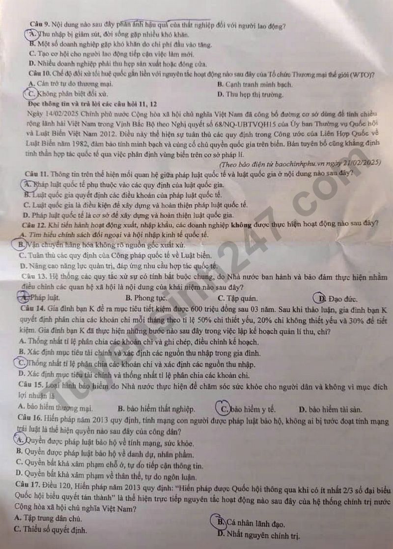Dap an de thi tot nghiep THPT 2025 mon GDKTPL ma de 1011