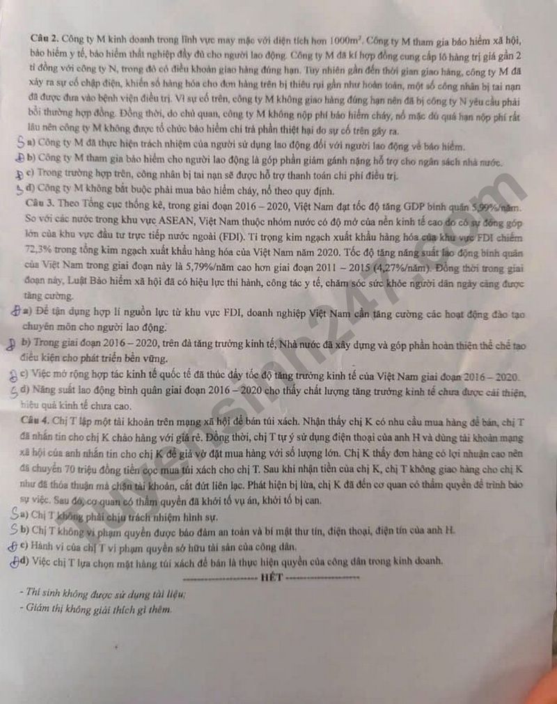 Dap an de thi tot nghiep THPT 2025 mon GDKTPL ma de 1011