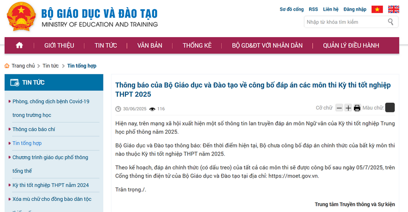 Thoi gian Bo GD cong bo dap an cua tat ca cac mon thi tot nghiep THPT 2025