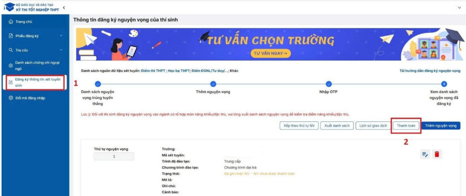 Huong dan thanh toan le phi xet tuyen Dai hoc 2025 - Chi tiet