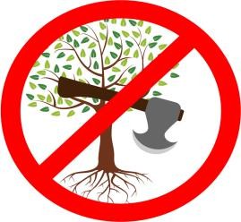 A sign with a tree and a hatchet

Description automatically generated