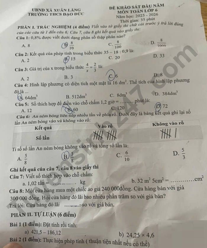 De KS dau nam lop 6 mon Toan 2025 - THCS Dao Duc