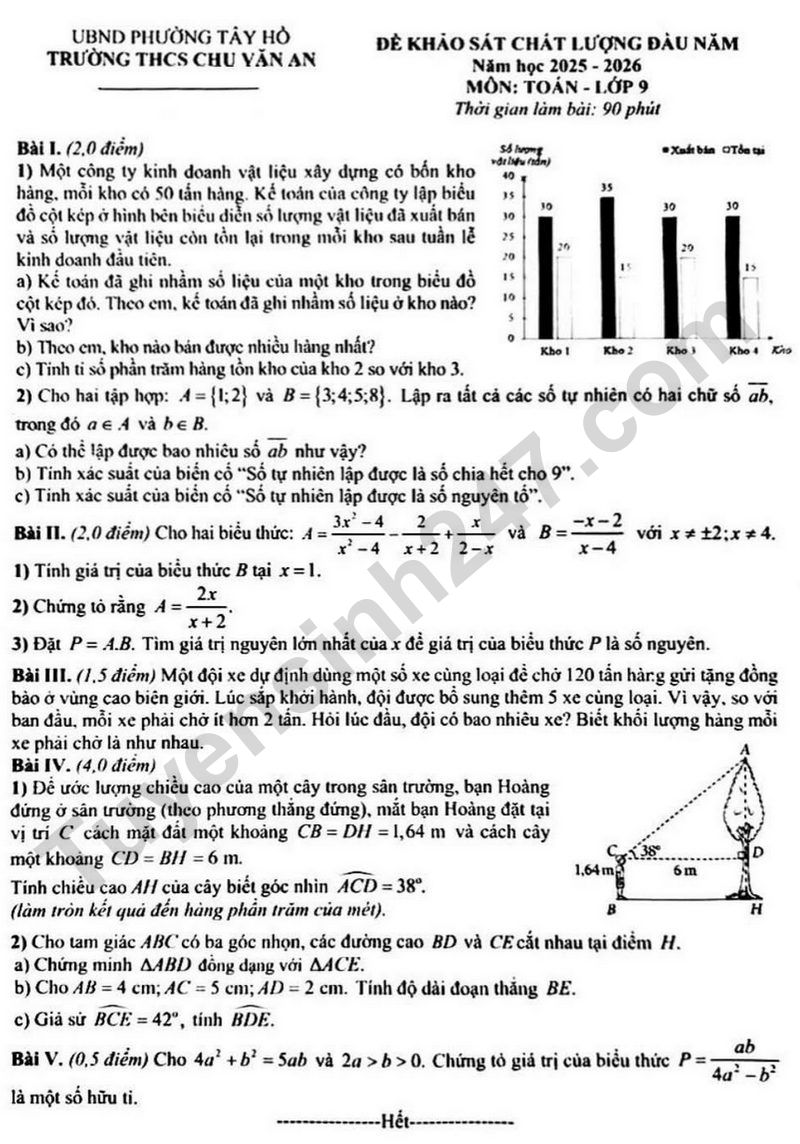 De khao sat dau nam mon Toan lop 9 - THCS Chu Van An 2025