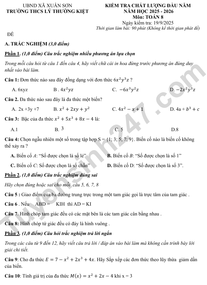 De KSCL dau nam lop 8 nam 2025 mon Toan - THCS Ly Thuong Kiet