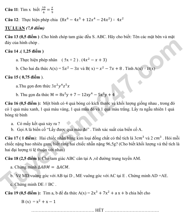 De KSCL dau nam lop 8 nam 2025 mon Toan - THCS Ly Thuong Kiet