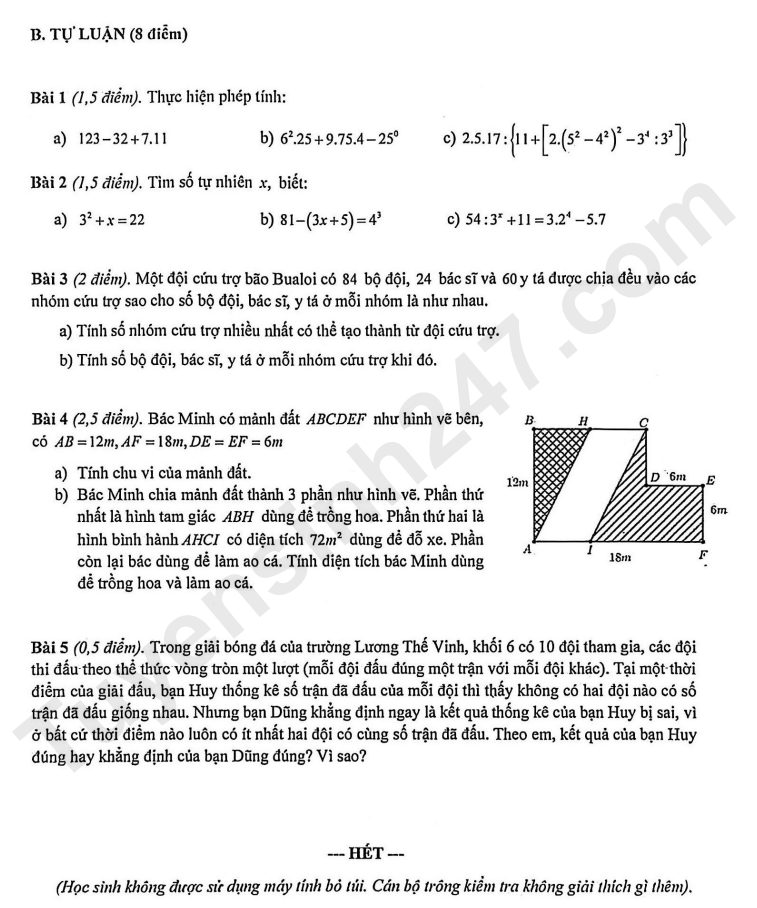 De thi giua ki 1 lop 6 mon Toan 2025 - THCS THPT Luong The Vinh