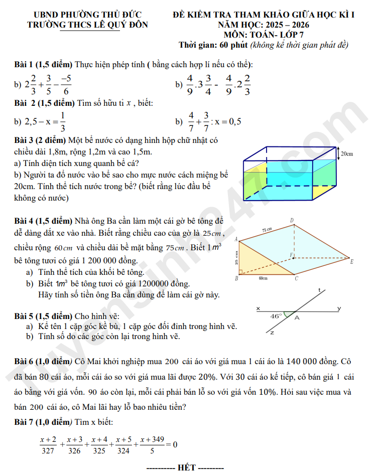 De thi giua ki 1 lop 7 mon Toan - THCS Le Quy Don 2025 (Tham khao)