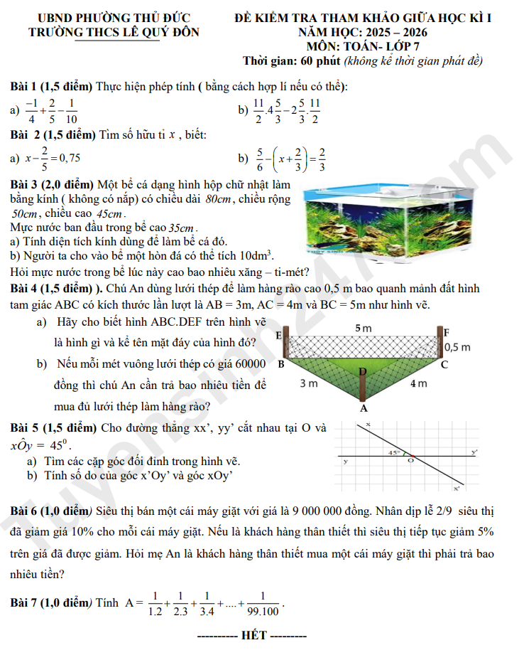De thi giua ki 1 lop 7 mon Toan - THCS Le Quy Don 2025 (Tham khao)