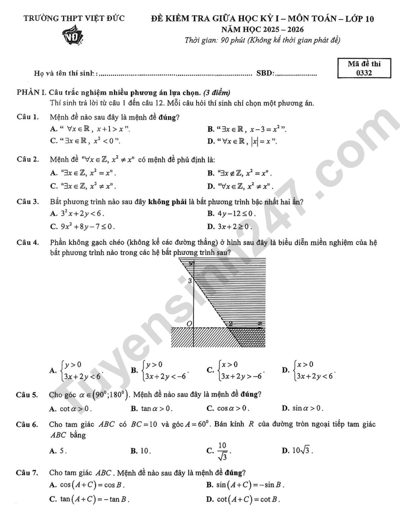 De thi giua ki 1 lop 10 mon Toan 2025 - THPT Viet Duc