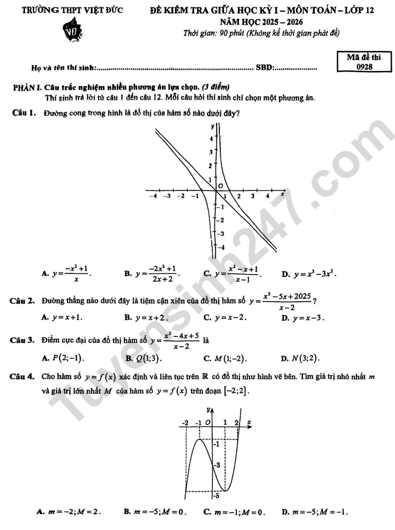 De thi giua ki 1 lop 12 mon Toan 2025 - THPT Viet Duc