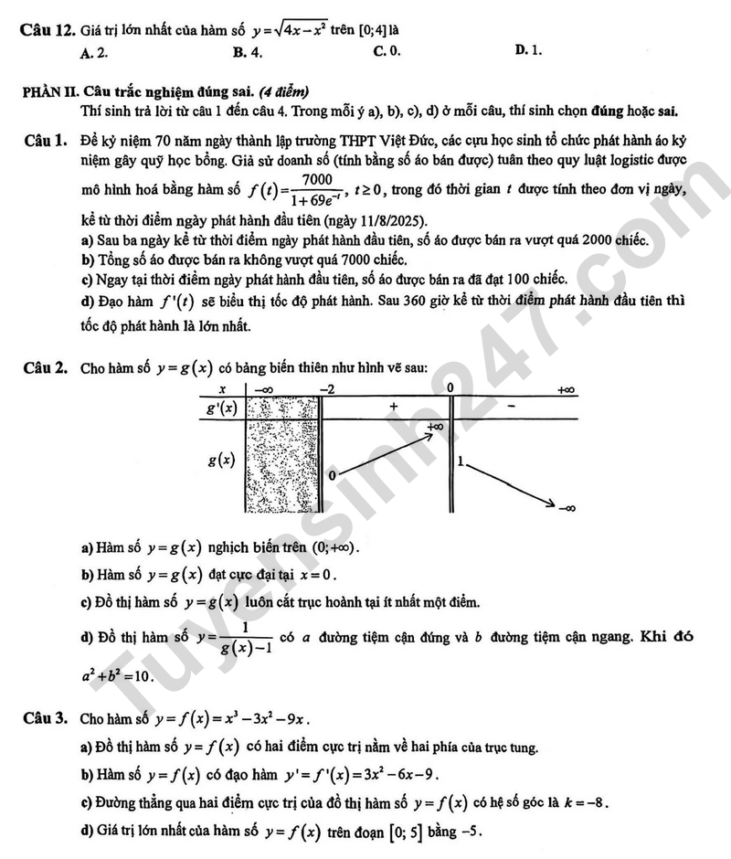 De thi giua ki 1 lop 12 mon Toan 2025 - THPT Viet Duc