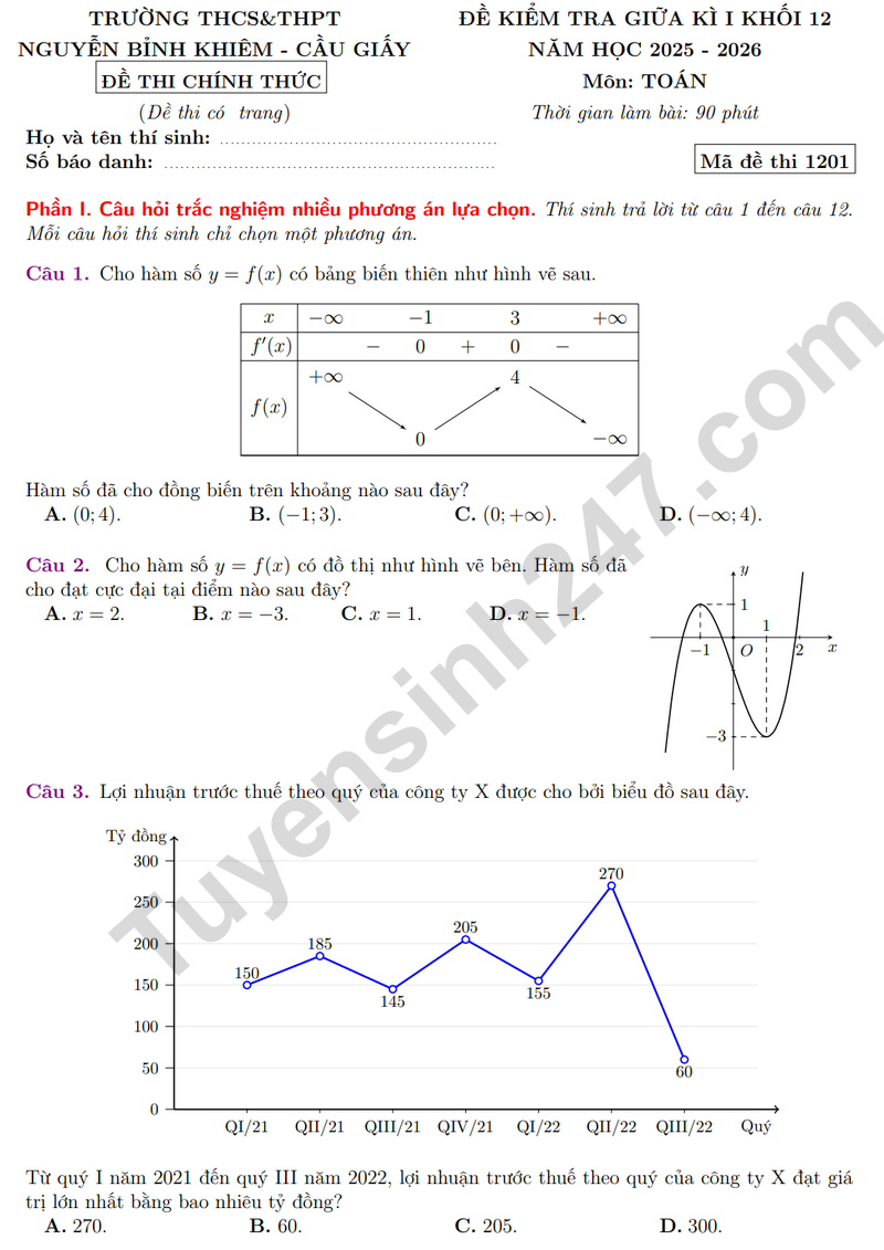 De thi giua hoc ki 1 lop 12 mon Toan 2025 - THCS&THPT Nguyen Binh Khiem - Cau Giay (Co dap an)