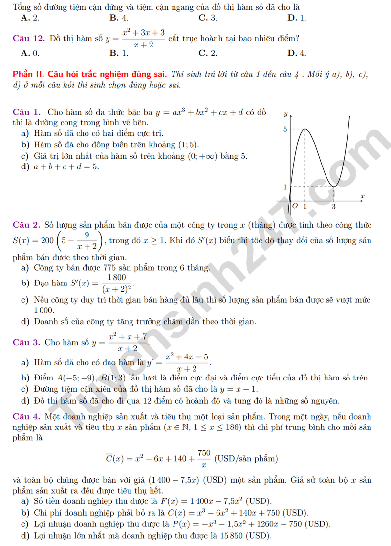 De thi giua hoc ki 1 lop 12 mon Toan 2025 - THCS&THPT Nguyen Binh Khiem - Cau Giay (Co dap an)