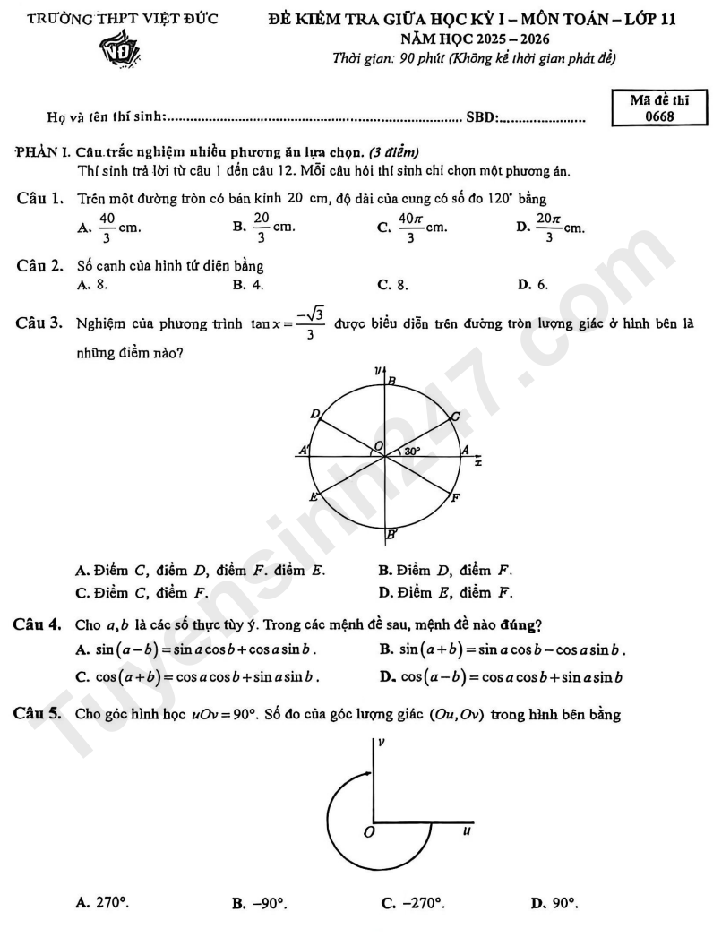 De thi giua ki 1 mon Toan lop 11 - THPT Viet Duc 2025
