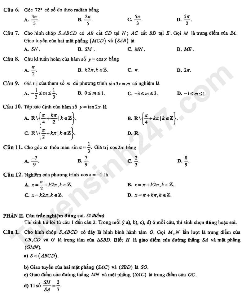 De thi giua ki 1 mon Toan lop 11 - THPT Viet Duc 2025