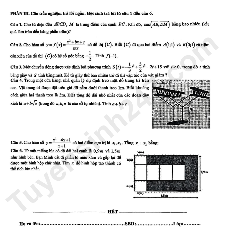De thi giua ki 1 mon Toan lop 12 - THPT Ta Quang Buu 2025