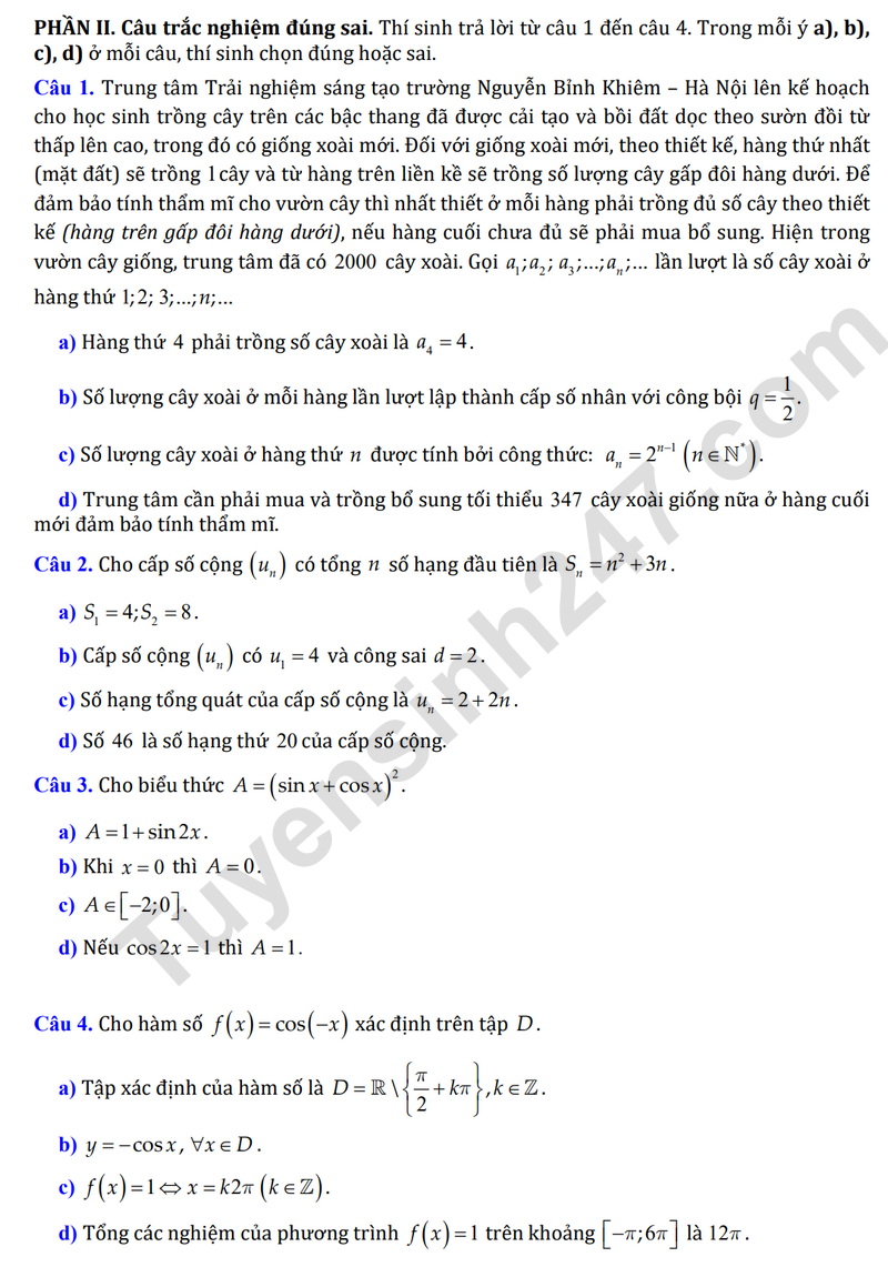 De thi giua hoc ki 1 lop 11 mon Toan 2025 - THCS&THPT Nguyen Binh Khiem