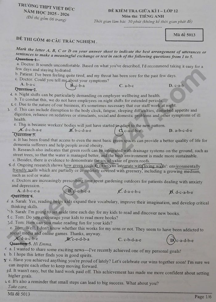De kiem tra giua ki 1 lop 12 mon Anh - THPT Viet Duc 2025