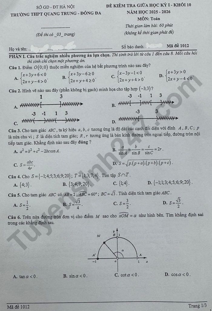 De thi giua ki 1 lop 10 mon Toan 2025 THPT Quang Trung - Dong Da