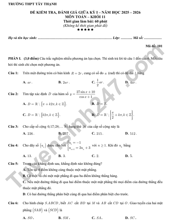 De thi giua ki 1 nam 2025 THPT Tay Thanh - lop 11 mon Toan