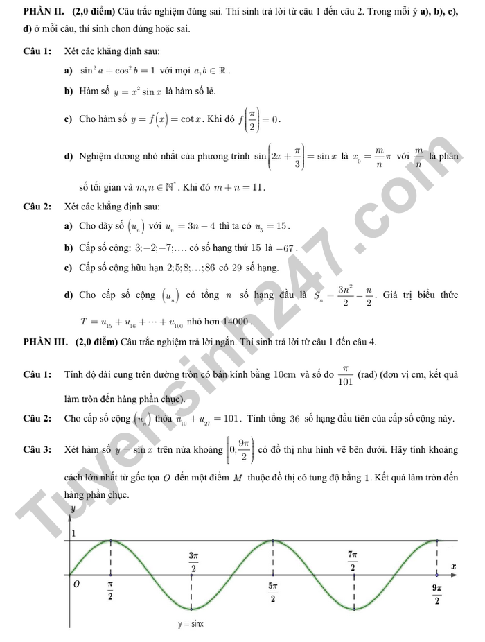 De thi giua ki 1 nam 2025 THPT Tay Thanh - lop 11 mon Toan