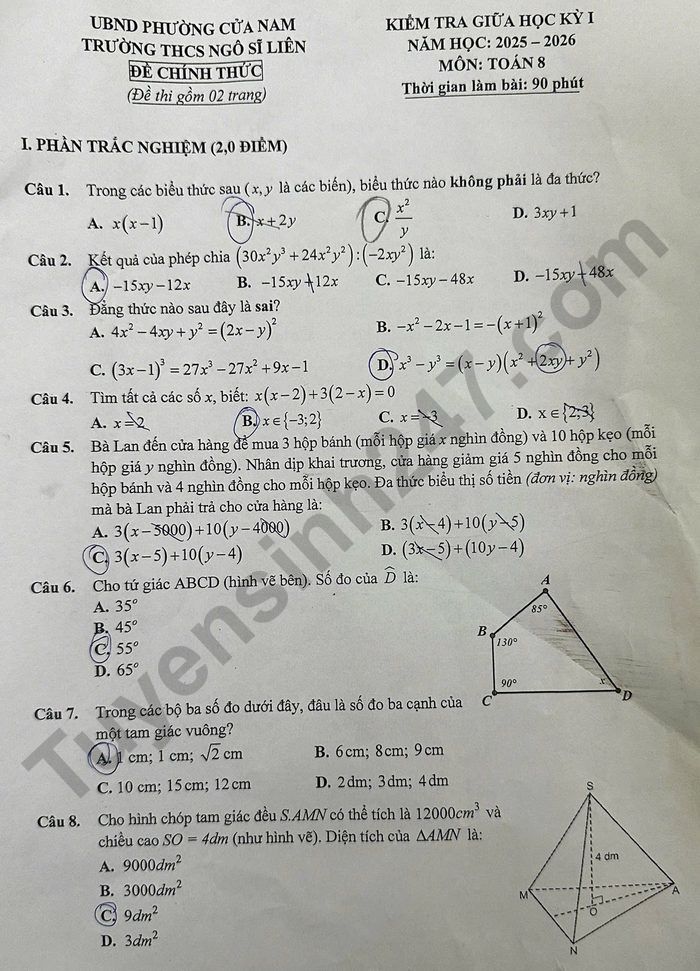 De thi giua ki 1 mon Toan 8 THCS Ngo Si Lien 2025