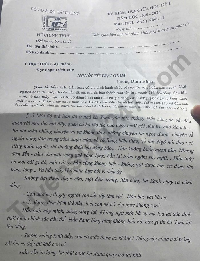 De thi giua ki 1 lop 11 mon Van 2025 - THPT Chuyen Tran Phu