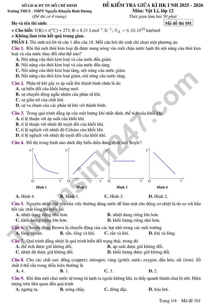 De thi giua ki 1 lop 12 mon Ly 2025 - THCS-THPT Nguyen Khuyen Binh Duong