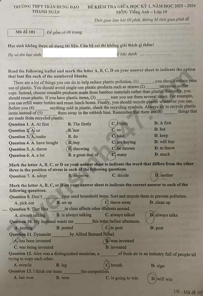 De thi giua ki 1 mon Anh lop 10 THPT Tran Hung Dao 2025