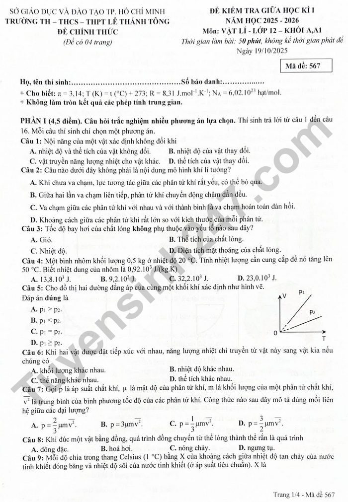 De thi giua ki 1 nam 2025 lop 12 mon Ly - TH-THCS-THPT Le Thanh Tong