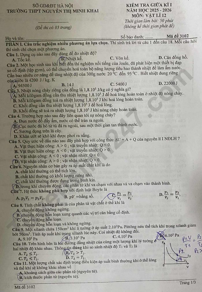 De thi giua ki 1 lop 12 mon Ly 2025 - THPT Nguyen Thi Minh Khai