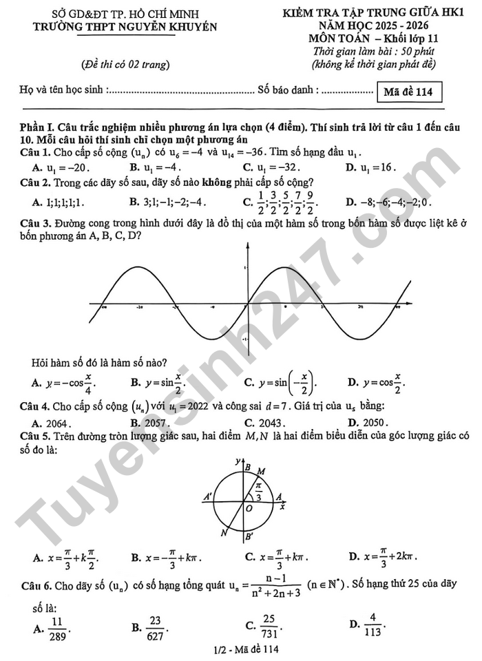 De thi giua ki 1 nam 2025 THPT Nguyen Khuyen - Toan lop 11