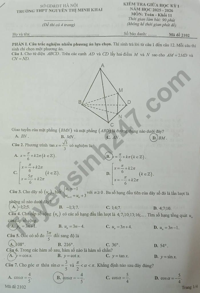 De thi giua ki 1 nam 2025 Toan lop 11 - THPT Nguyen Thi Minh Khai