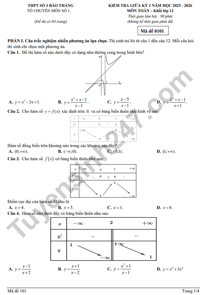 De thi giua ki 1 Toan lop 12 nam 2025 - THPT so 3 Bao Thang