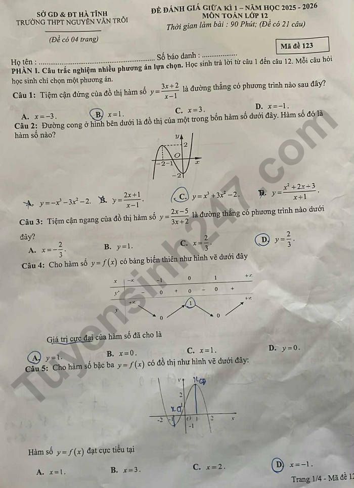 De thi giua ki 1 mon Toan lop 12 THPT Nguyen Van Troi 2025