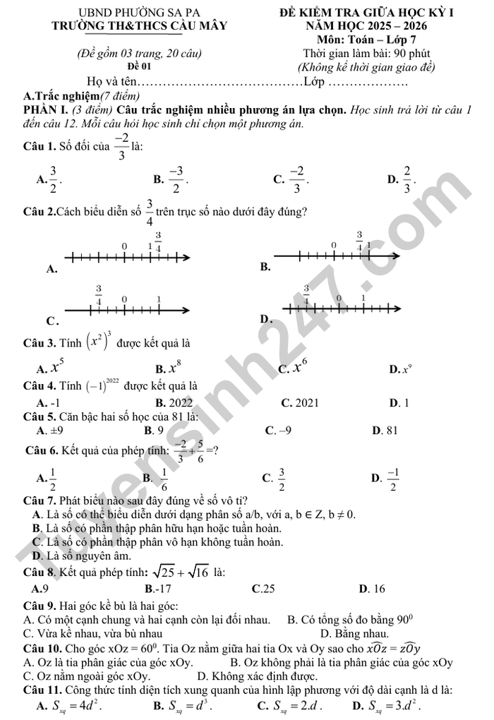 De thi giua ki 1 Toan lop 7 TH&THCS Cau May 2025 (co dap an)