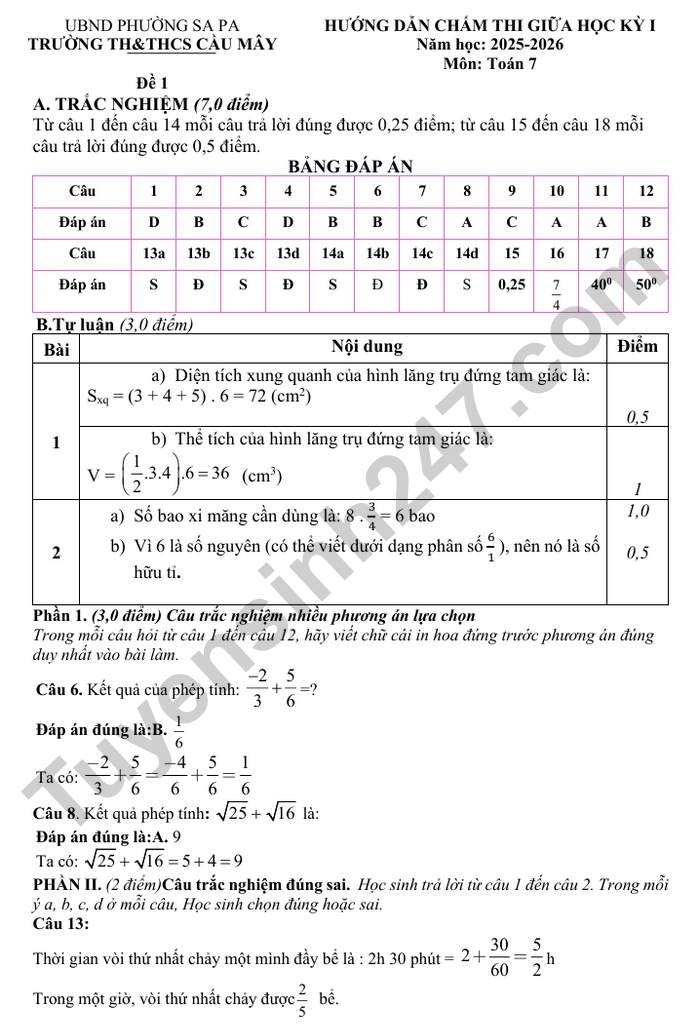De thi giua ki 1 Toan lop 7 TH&THCS Cau May 2025 (co dap an)