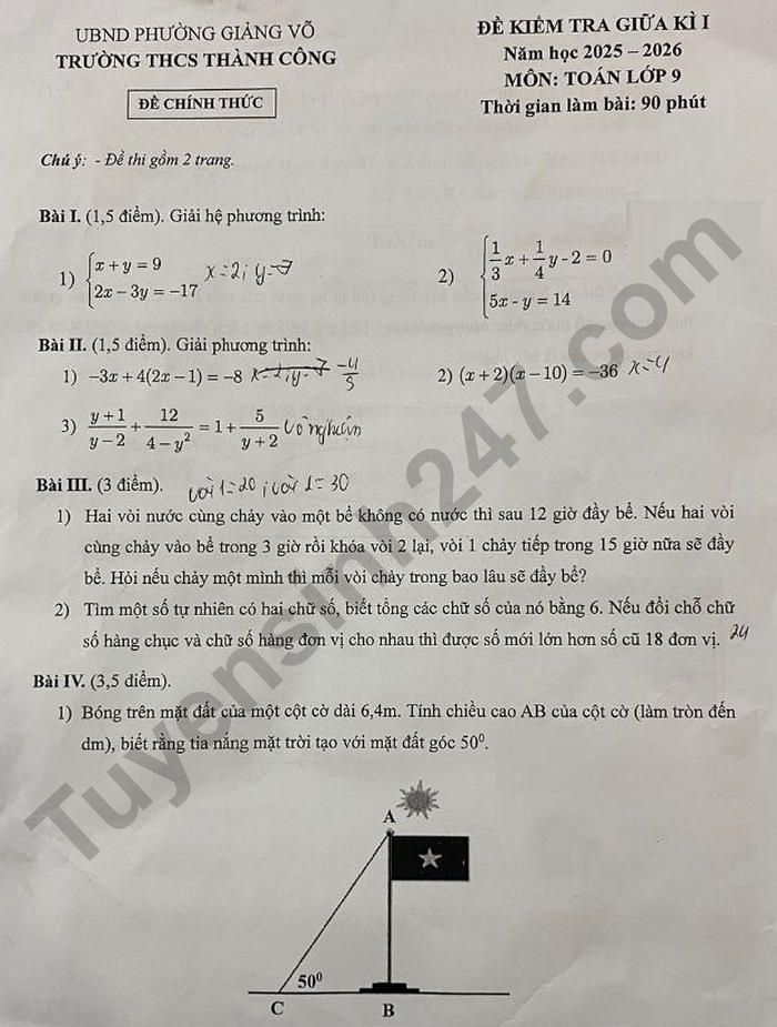 De kiem tra giua ki 1 mon Toan 9 - THCS Thanh Cong 2025