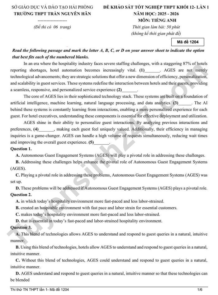 De thi thu tot nghiep THPT 2026 lan 1 mon Anh - THPT Tran Nguyen Han