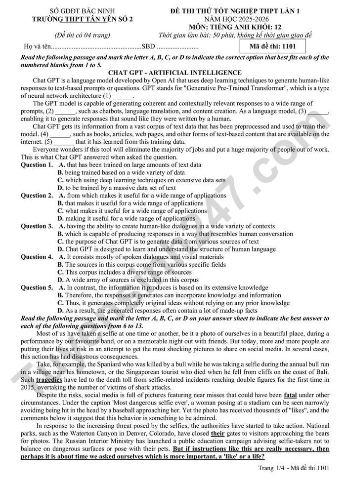 De thi thu tot nghiep THPT 2026 mon Anh - THPT Tan Yen so 2 (lan 1)