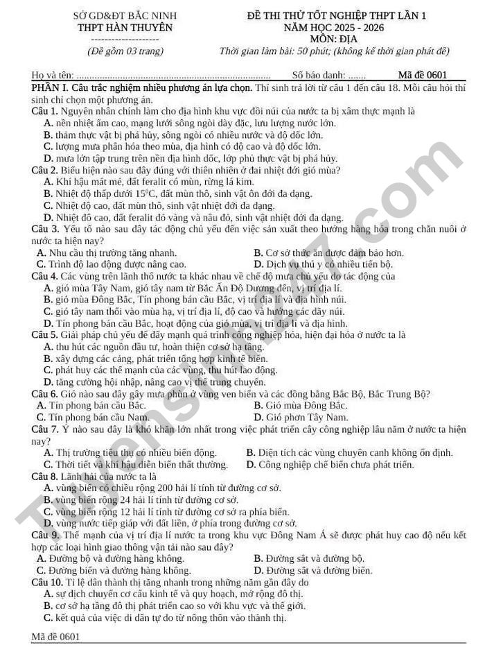 De thi thu tot nghiep THPT 2026 mon Dia lan 1 - THPT Han Thuyen (Co dap an)