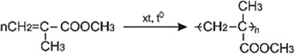 Trùng hợp methyl metacrylat | methyl metacrylat ra poli methyl metacrylat |  CH2=C(CH3)-COOCH3 ra [-CH2-C(CH3)(COOCH3)-]n