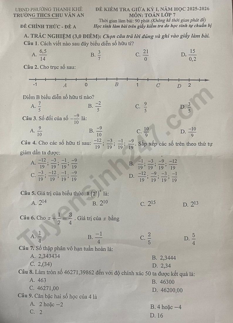 De thi giua ki 1 lop 7 mon Toan 2025 - THCS Chu Van An