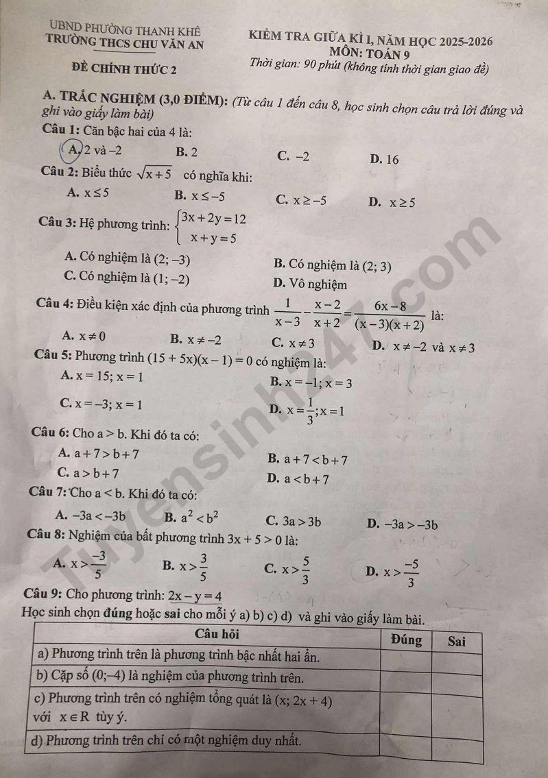 De thi giua ki 1 mon Toan lop 9 nam 2025 - THCS Chu Van An